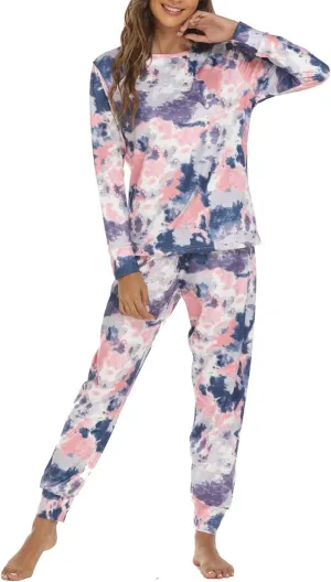 Pajamas for Women Tie Dye Long Sleeve Shirt Loungewear 2 Piece Sleepwear Crew Neck Tops & Long Pants Pj Set Nightwear