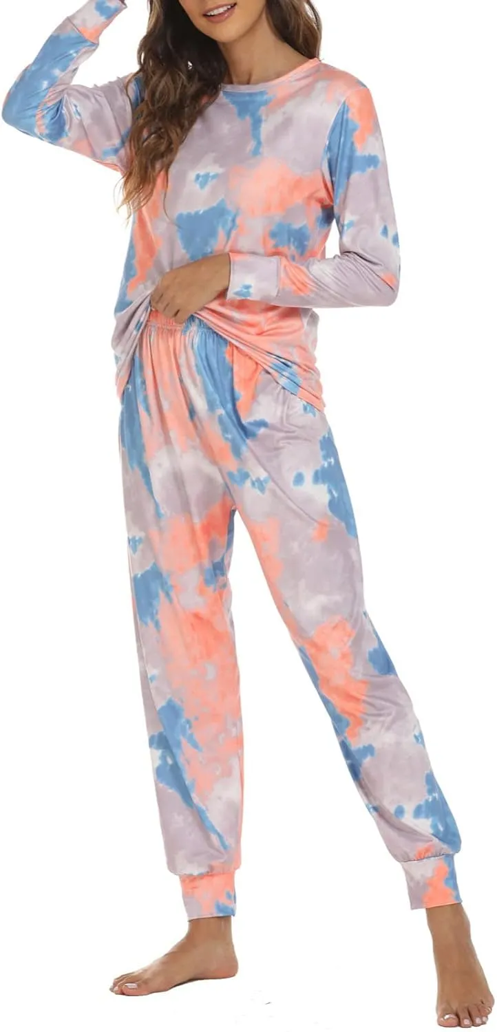 Pajamas for Women Tie Dye Long Sleeve Shirt Loungewear 2 Piece Sleepwear Crew Neck Tops & Long Pants Pj Set Nightwear