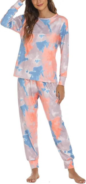 Pajamas for Women Tie Dye Long Sleeve Shirt Loungewear 2 Piece Sleepwear Crew Neck Tops & Long Pants Pj Set Nightwear