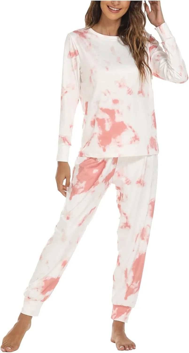 Pajamas for Women Tie Dye Long Sleeve Shirt Loungewear 2 Piece Sleepwear Crew Neck Tops & Long Pants Pj Set Nightwear