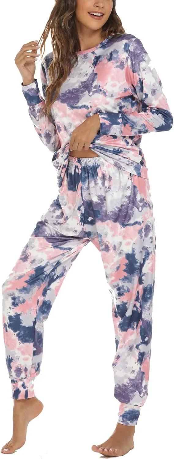 Pajamas for Women Tie Dye Long Sleeve Shirt Loungewear 2 Piece Sleepwear Crew Neck Tops & Long Pants Pj Set Nightwear