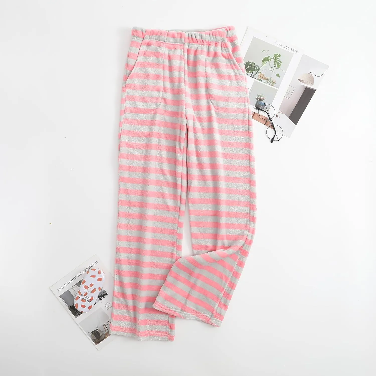Pajamas Pants for Women Casual Flannel Plaid Lounge Pants Elastic Waist Fleece Fuzzy Plush Pj Soft Sleep Bottoms