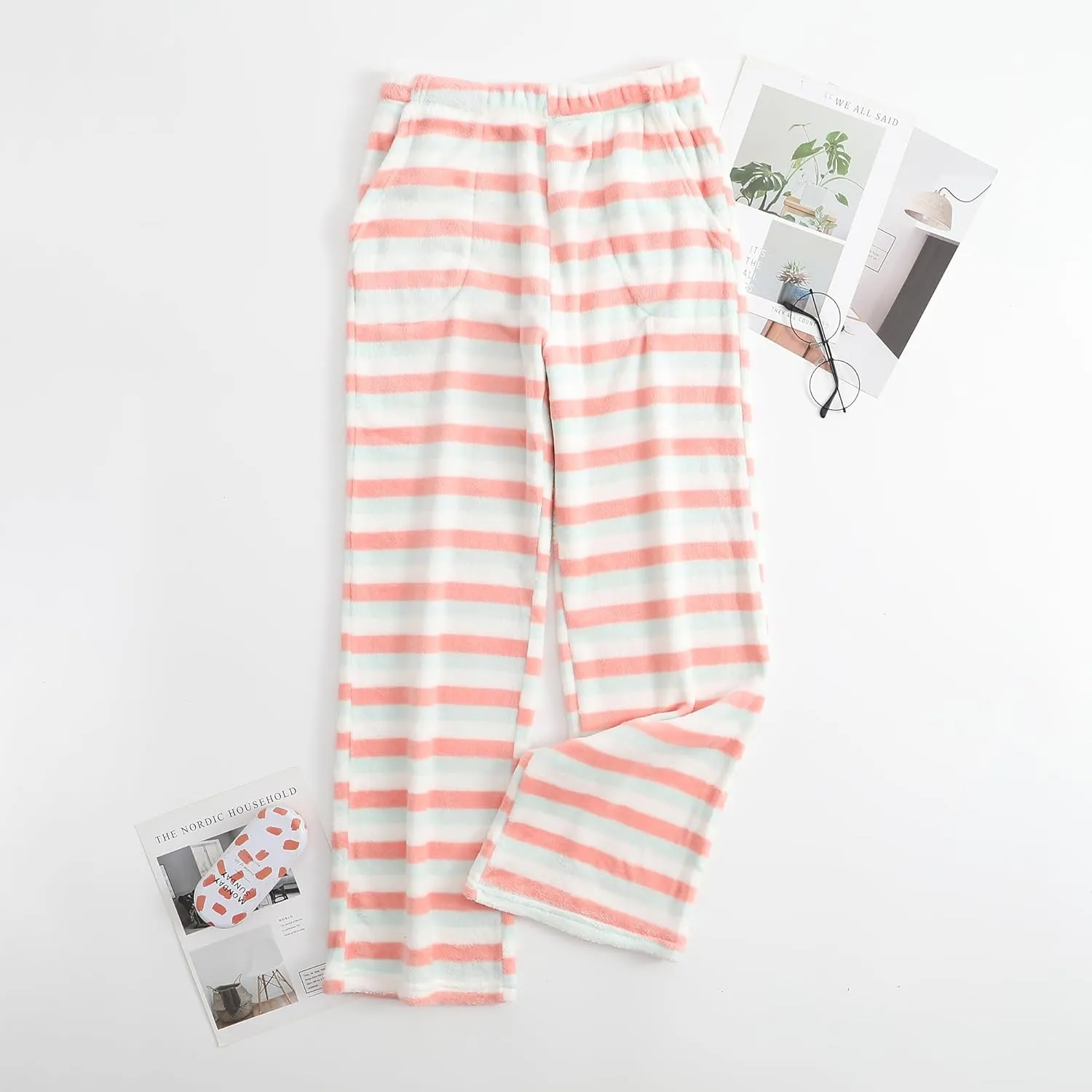 Pajamas Pants for Women Casual Flannel Plaid Lounge Pants Elastic Waist Fleece Fuzzy Plush Pj Soft Sleep Bottoms