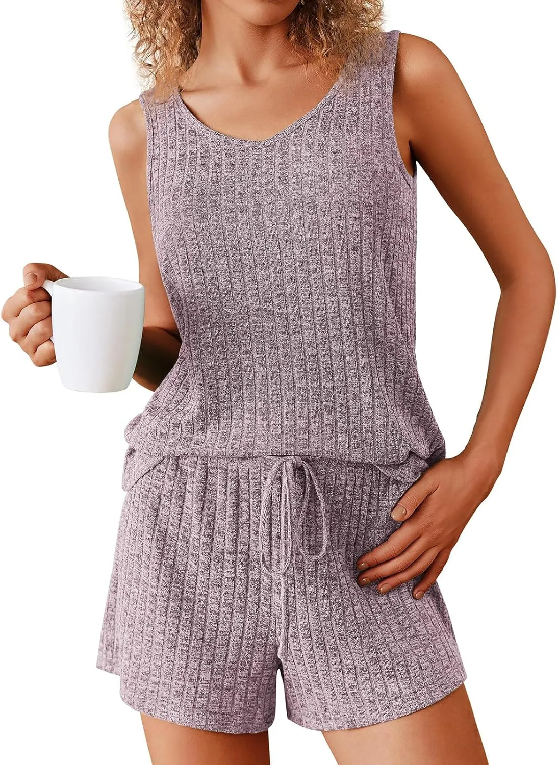 Pajamas Set Women's V-Neck Sleeveless Sleepwear Pj Set Ribbed Knit 2 Piece Outfits Lounge Sets Summer Loungewear Soft