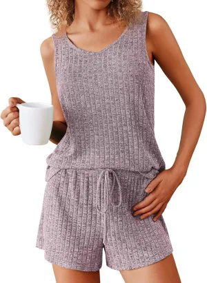 Pajamas Set Women's V-Neck Sleeveless Sleepwear Pj Set Ribbed Knit 2 Piece Outfits Lounge Sets Summer Loungewear Soft