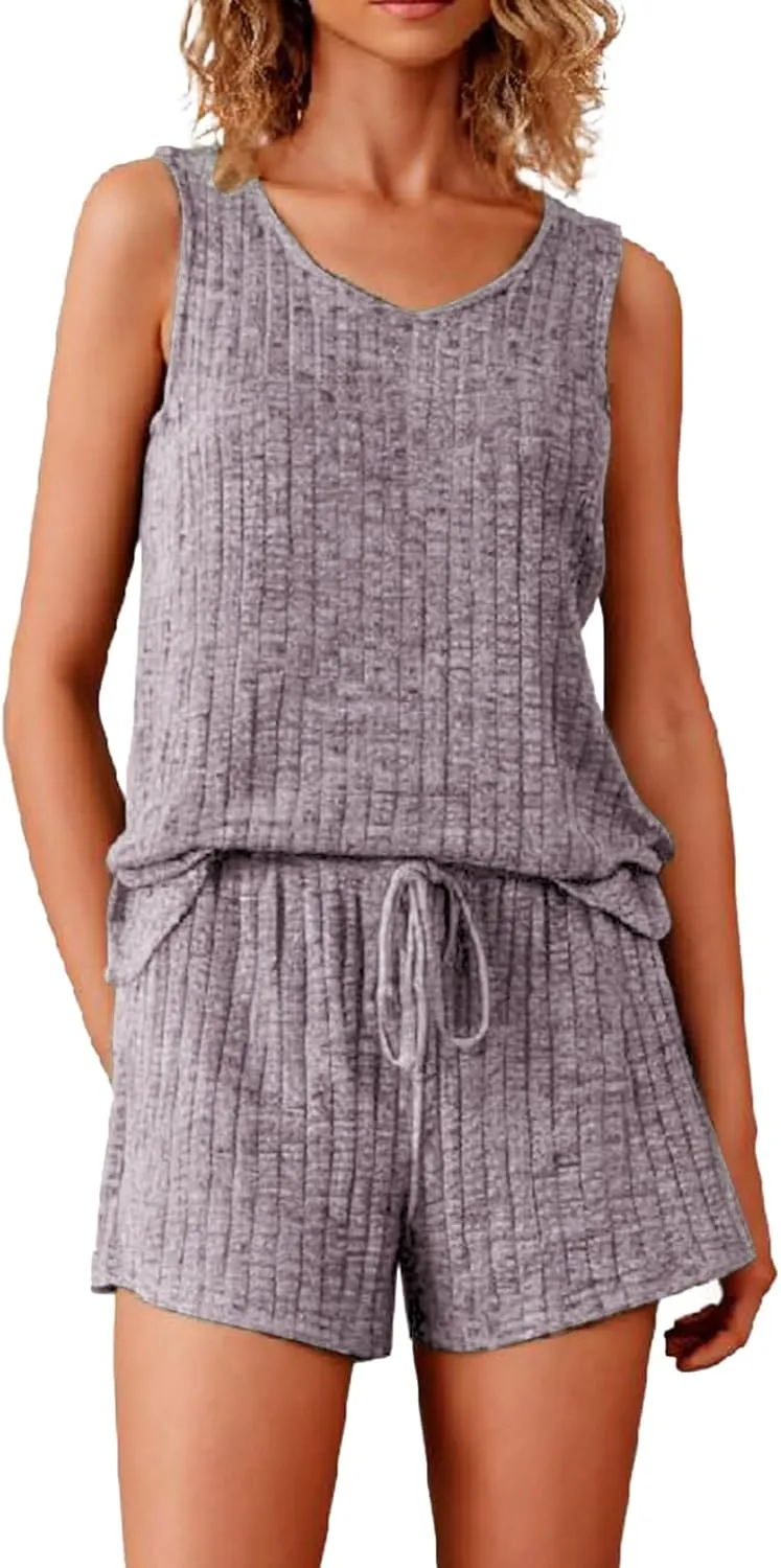 Pajamas Set Women's V-Neck Sleeveless Sleepwear Pj Set Ribbed Knit 2 Piece Outfits Lounge Sets Summer Loungewear Soft