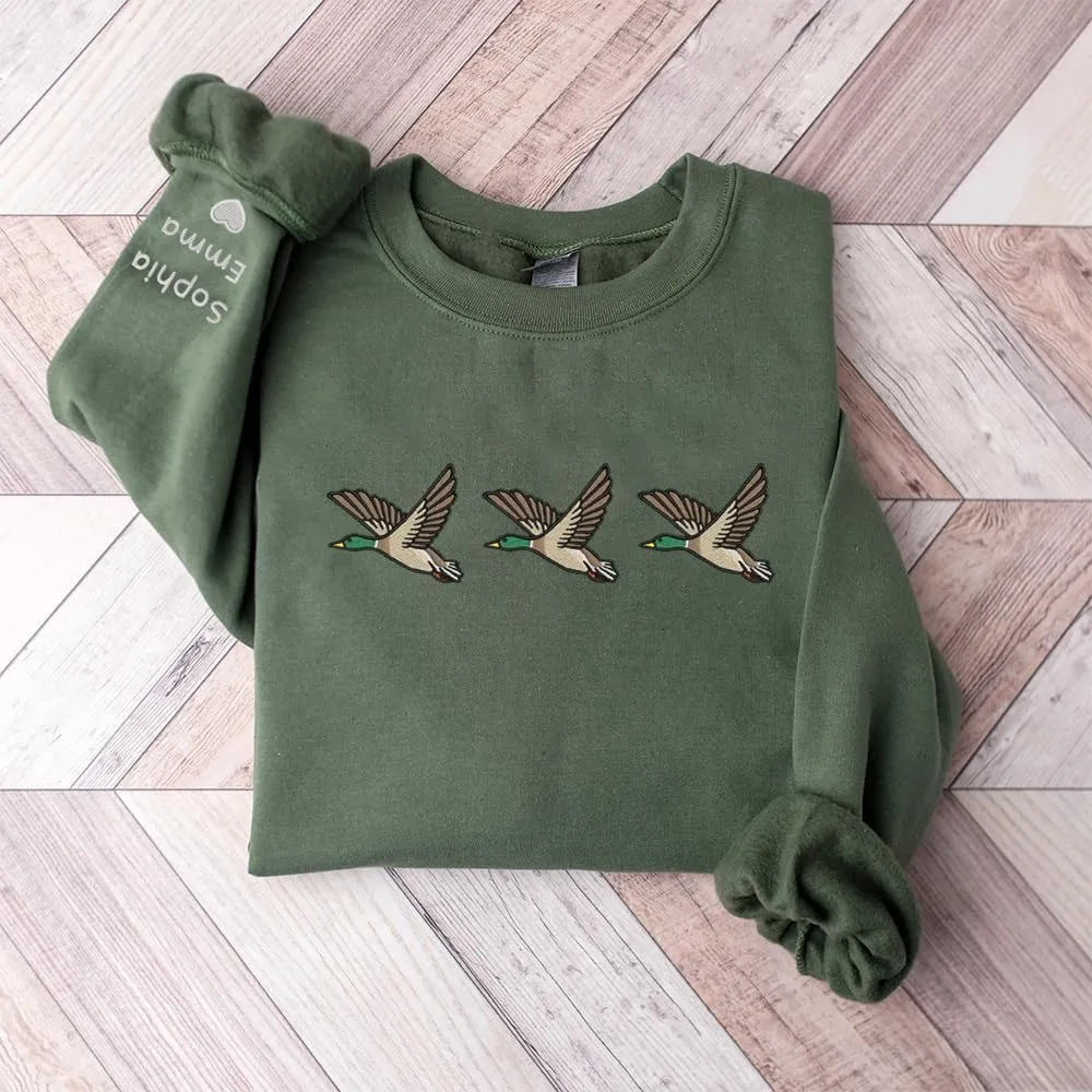 Personalized Embroidered Duck Sweatshirt, Embroidered Mallard Mama Shirt with Kidnames On Sleeve, Mama Duck Crewneck