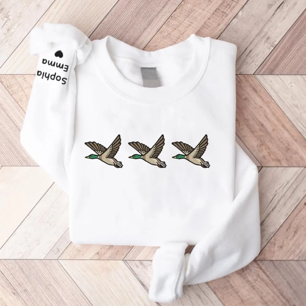 Personalized Embroidered Duck Sweatshirt, Embroidered Mallard Mama Shirt with Kidnames On Sleeve, Mama Duck Crewneck