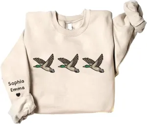 Personalized Embroidered Duck Sweatshirt, Embroidered Mallard Mama Shirt with Kidnames On Sleeve, Mama Duck Crewneck