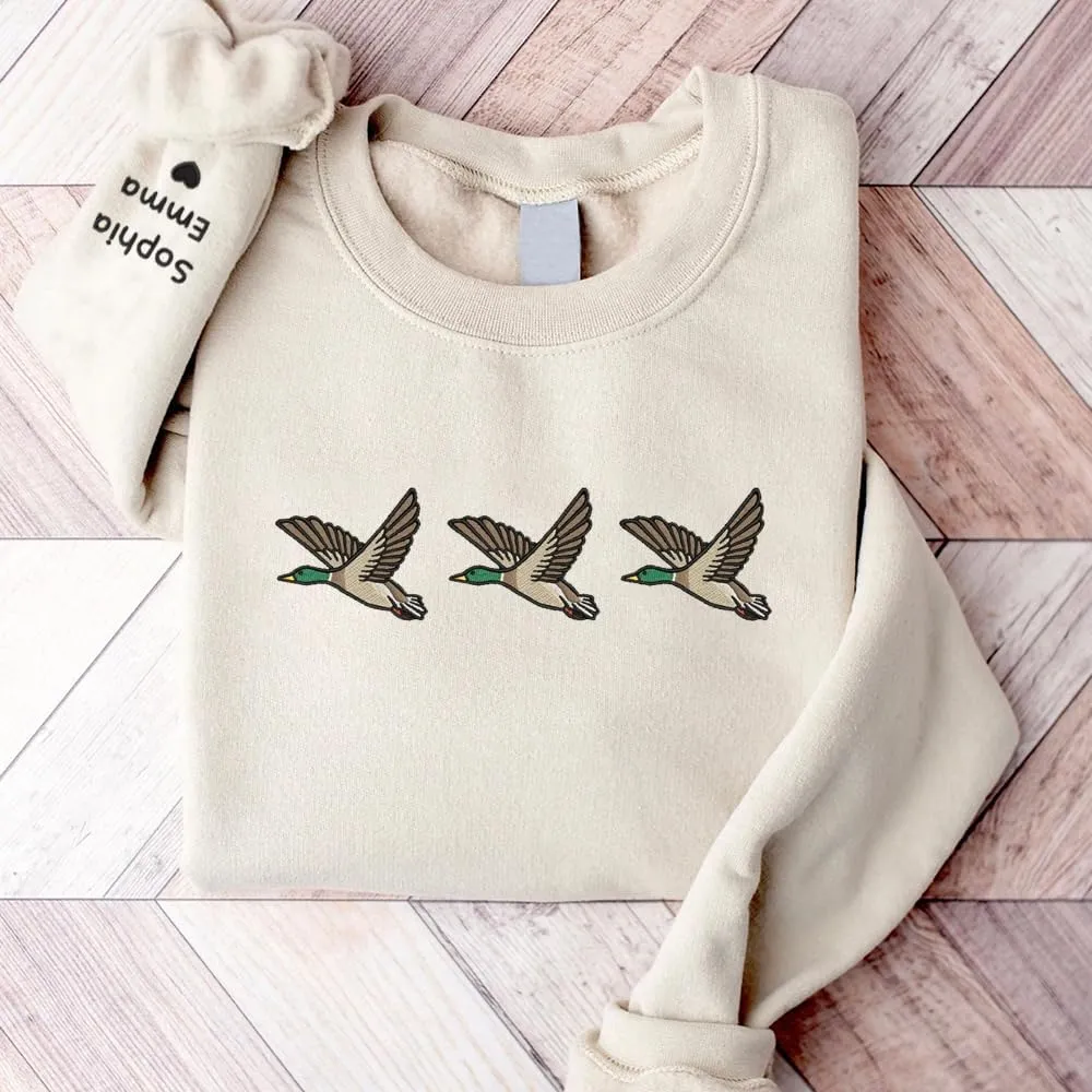 Personalized Embroidered Duck Sweatshirt, Embroidered Mallard Mama Shirt with Kidnames On Sleeve, Mama Duck Crewneck