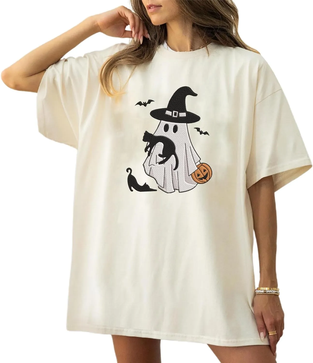 Personalized Embroidered Ghost Cats Sweatshirt, Custom Ghost Cat Shirt, Custom Embroidered Halloween Sweatshirt