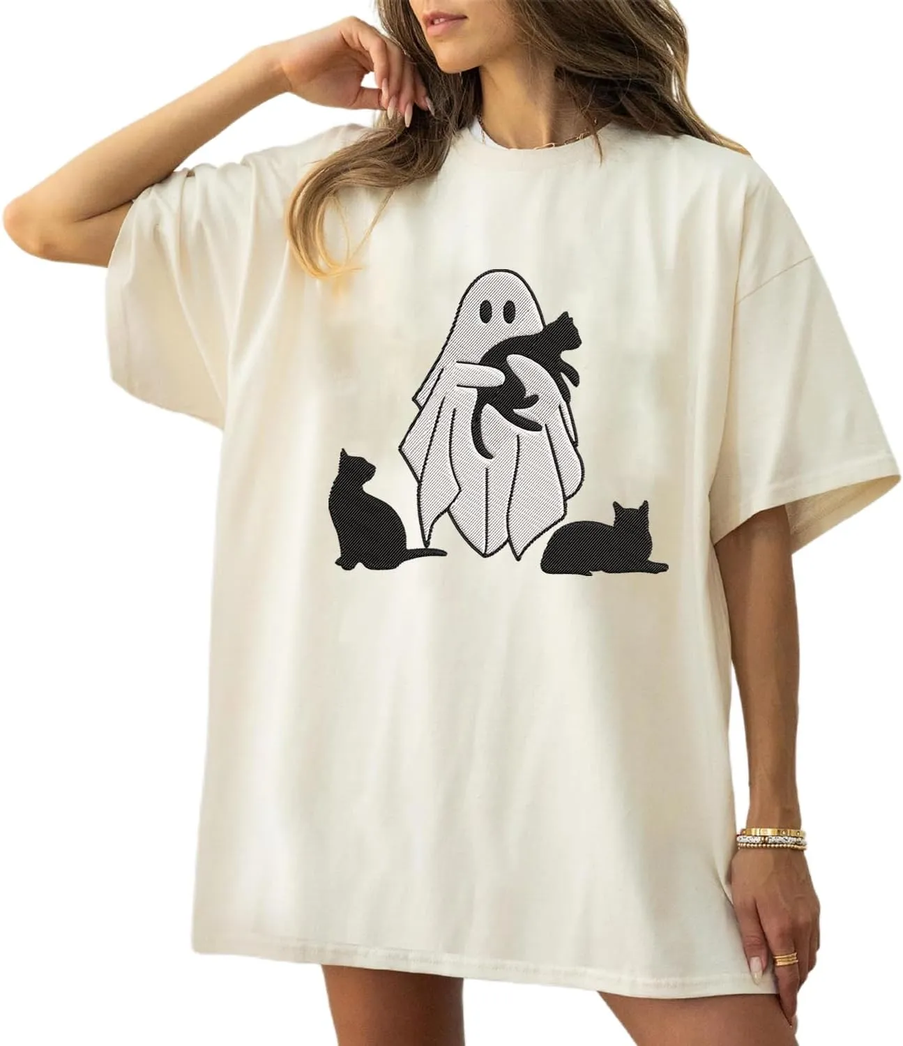 Personalized Embroidered Ghost Cats Sweatshirt, Custom Ghost Cat Shirt, Custom Embroidered Halloween Sweatshirt