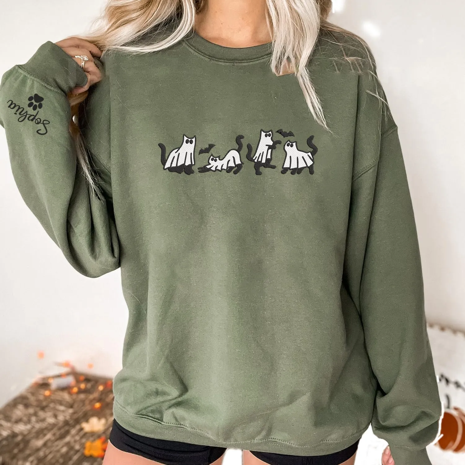 Personalized Embroidered Ghost Cats Sweatshirt, Custom Ghost Cat Shirt, Custom Embroidered Halloween Sweatshirt