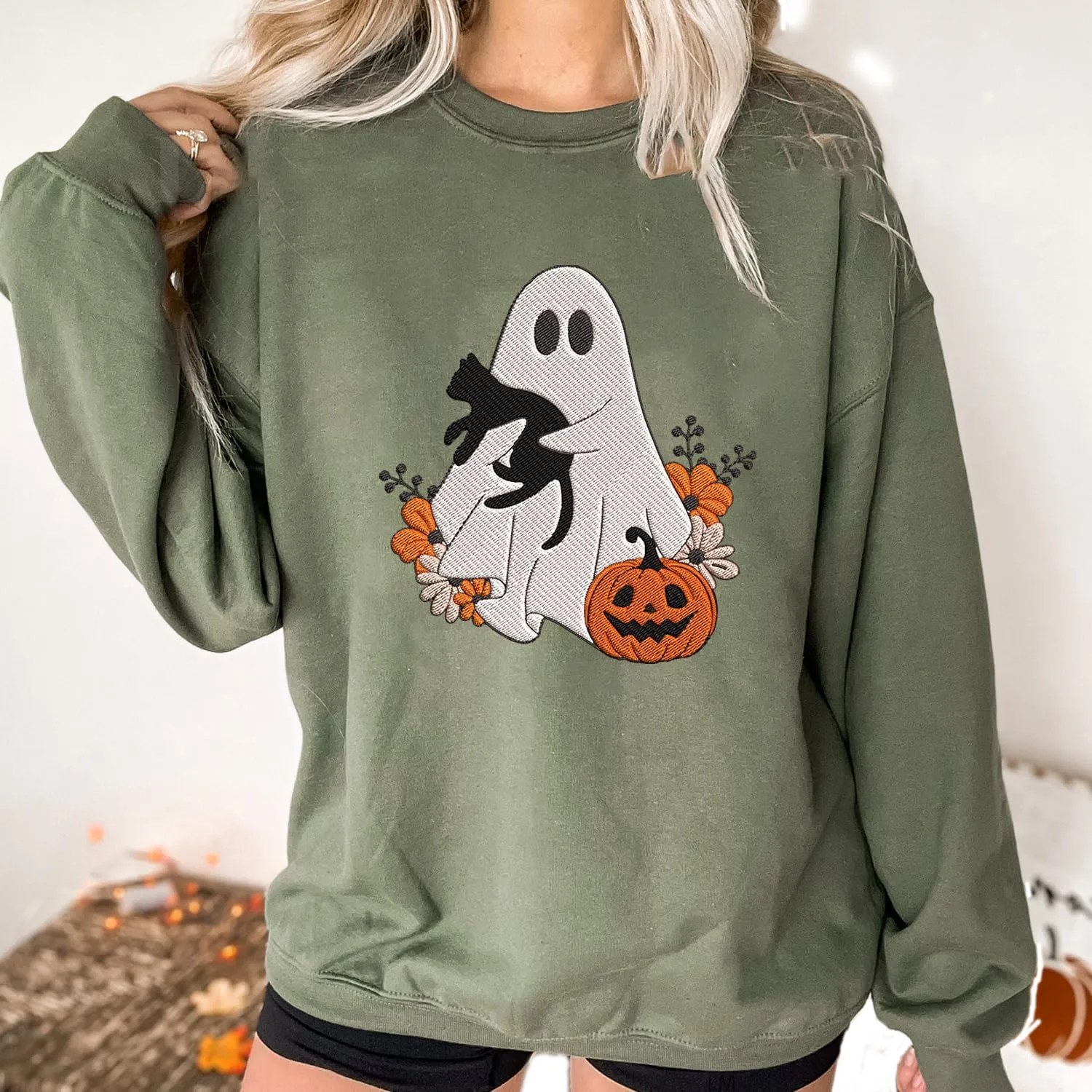 Personalized Embroidered Ghost Cats Sweatshirt, Custom Ghost Cat Shirt, Custom Embroidered Halloween Sweatshirt