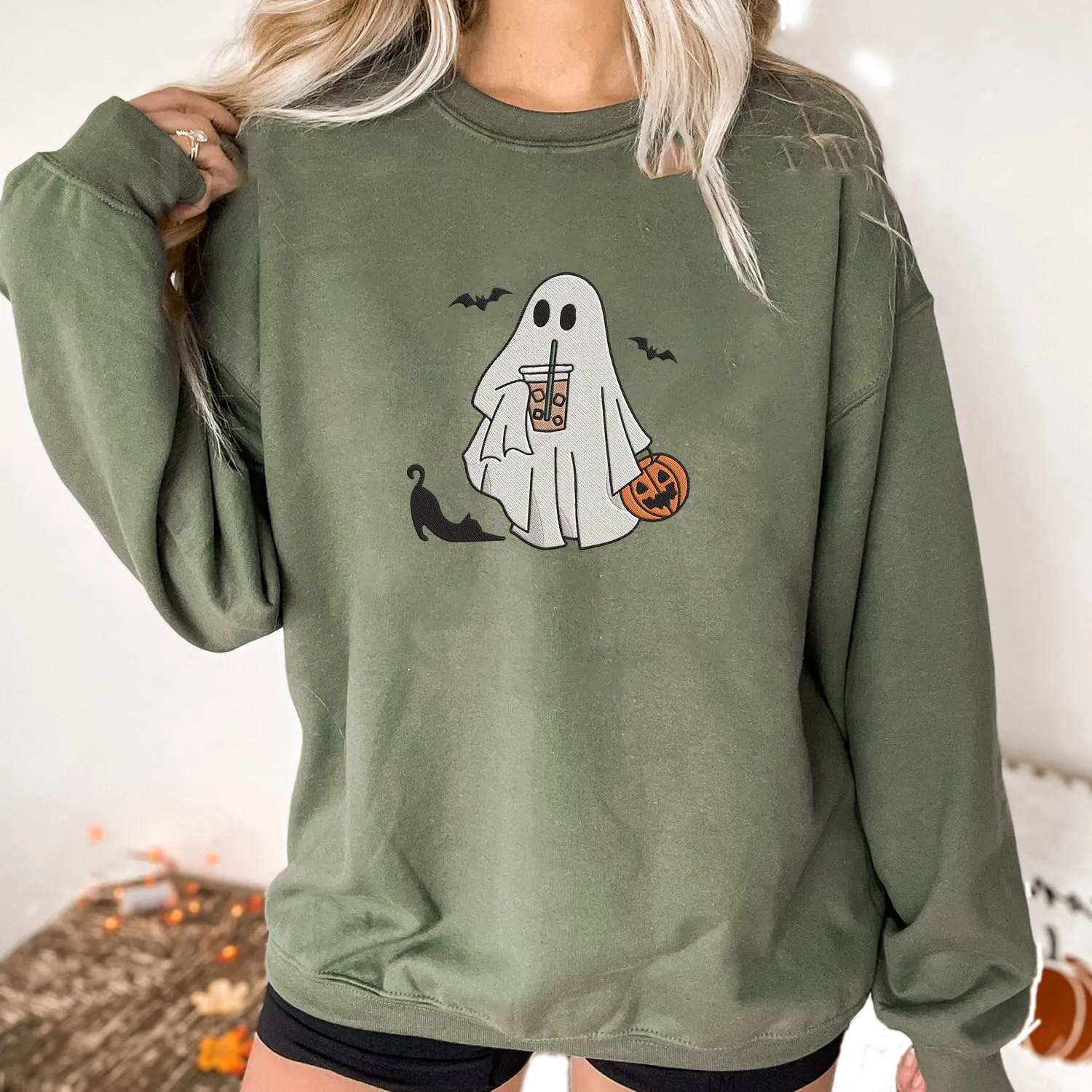 Personalized Embroidered Ghost Cats Sweatshirt, Custom Ghost Cat Shirt, Custom Embroidered Halloween Sweatshirt
