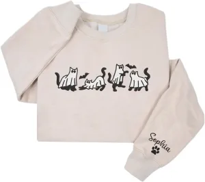 Personalized Embroidered Ghost Cats Sweatshirt, Custom Ghost Cat Shirt, Custom Embroidered Halloween Sweatshirt