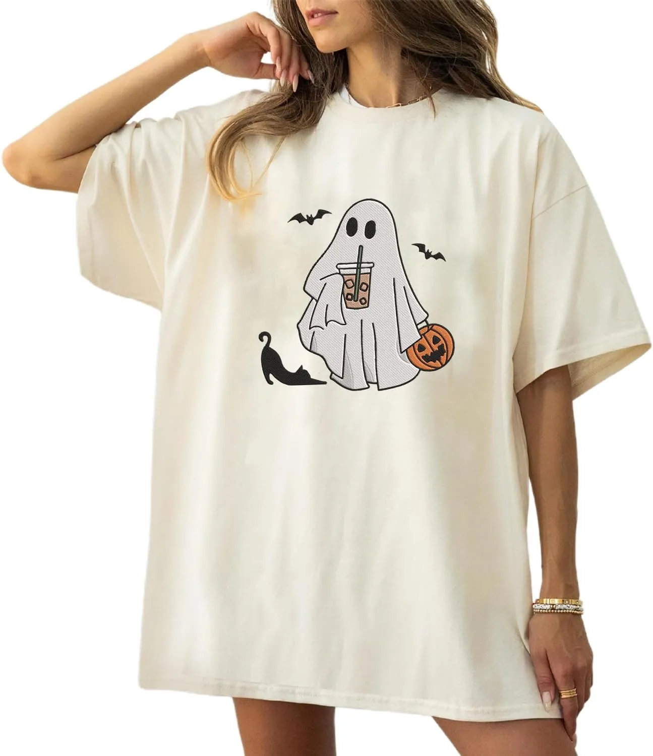 Personalized Embroidered Ghost Cats Sweatshirt, Custom Ghost Cat Shirt, Custom Embroidered Halloween Sweatshirt