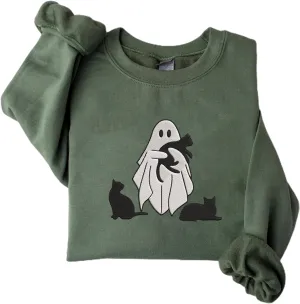 Personalized Embroidered Ghost Cats Sweatshirt, Custom Ghost Cat Shirt, Custom Embroidered Halloween Sweatshirt