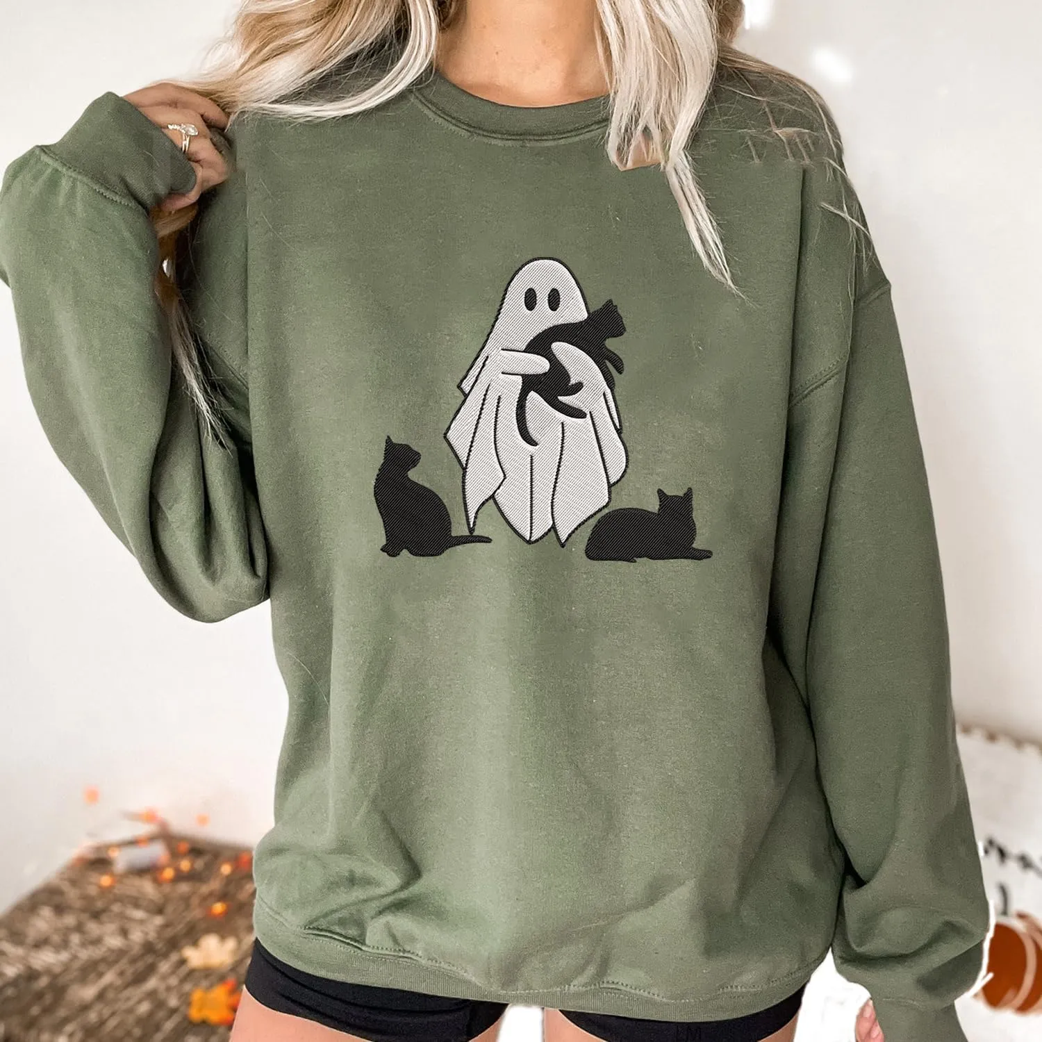 Personalized Embroidered Ghost Cats Sweatshirt, Custom Ghost Cat Shirt, Custom Embroidered Halloween Sweatshirt