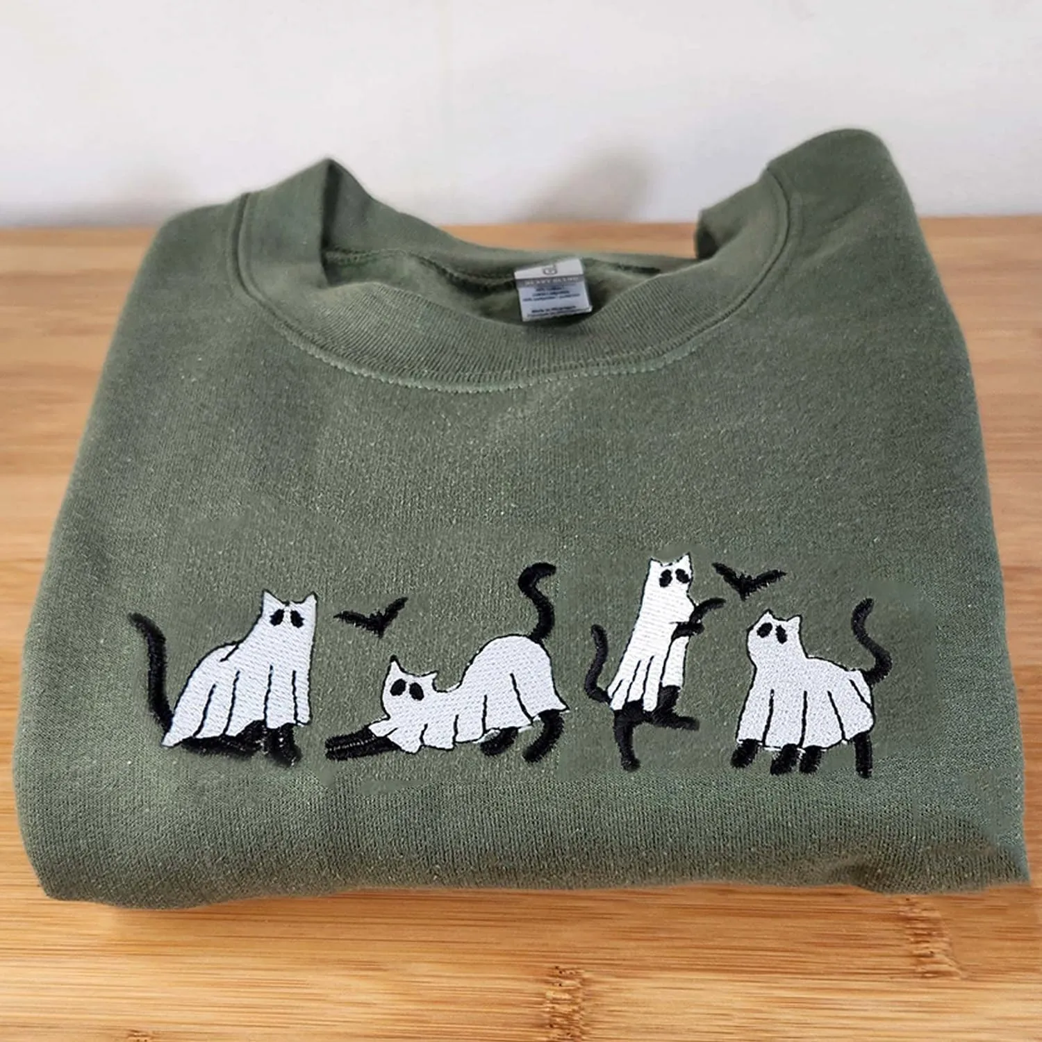 Personalized Embroidered Ghost Cats Sweatshirt, Custom Ghost Cat Shirt, Custom Embroidered Halloween Sweatshirt