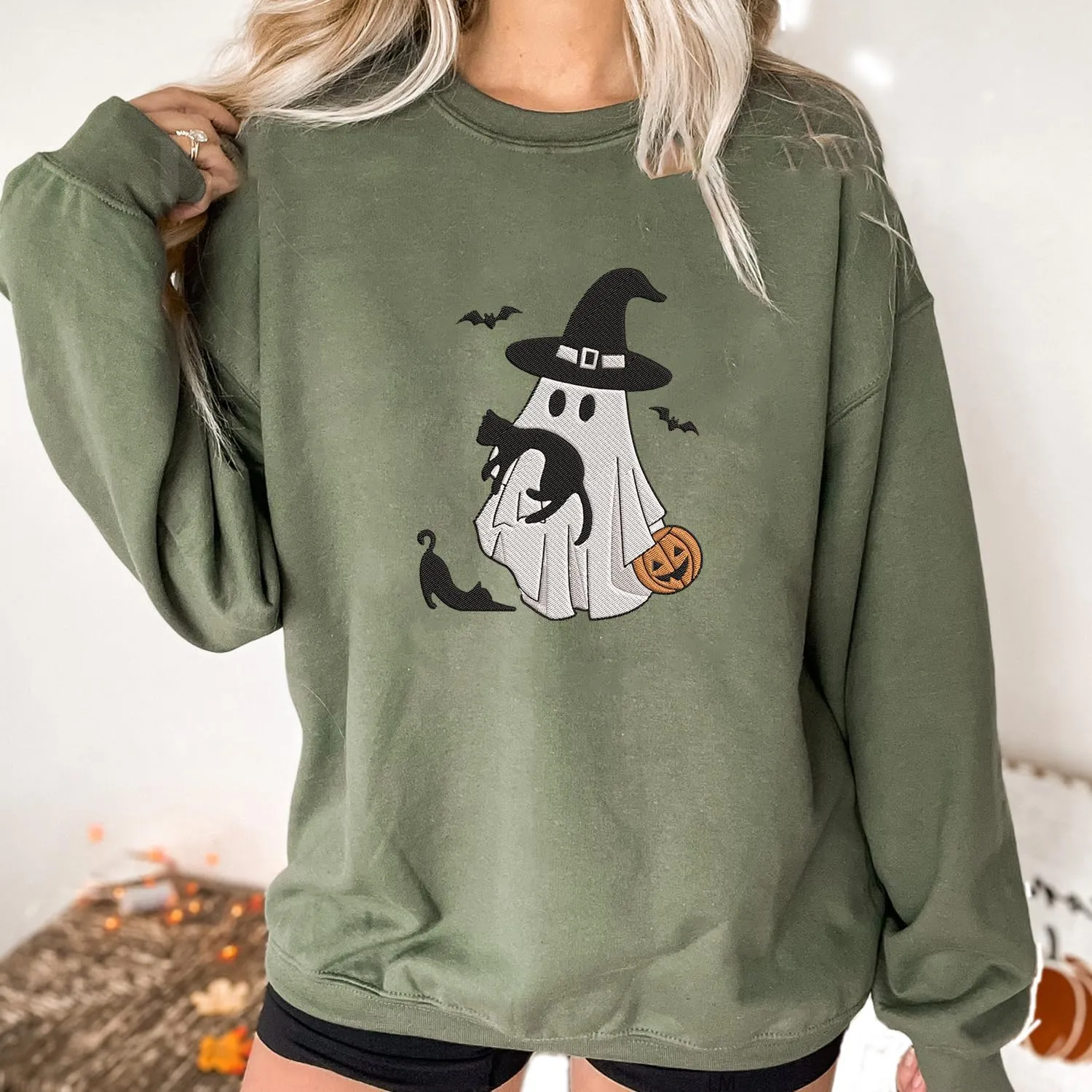 Personalized Embroidered Ghost Cats Sweatshirt, Custom Ghost Cat Shirt, Custom Embroidered Halloween Sweatshirt