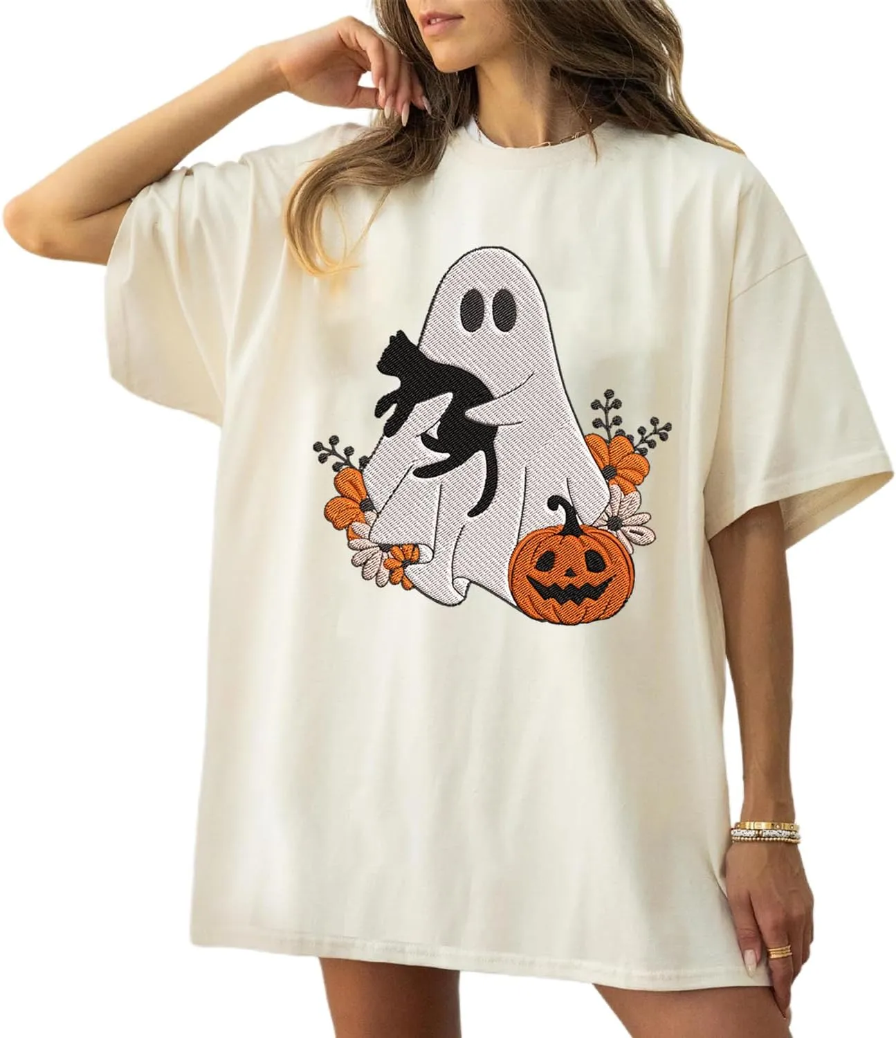 Personalized Embroidered Ghost Cats Sweatshirt, Custom Ghost Cat Shirt, Custom Embroidered Halloween Sweatshirt