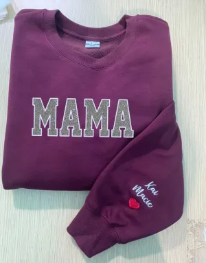Personalized Glitter Embroidered Mama Sweatshirt, Mama Est 2023 Sweatshirt, Custom Glitter Embroidered Sweatshirt, Custom Sleeve Embroidered Sweatshirt for Christmas Mothers Day