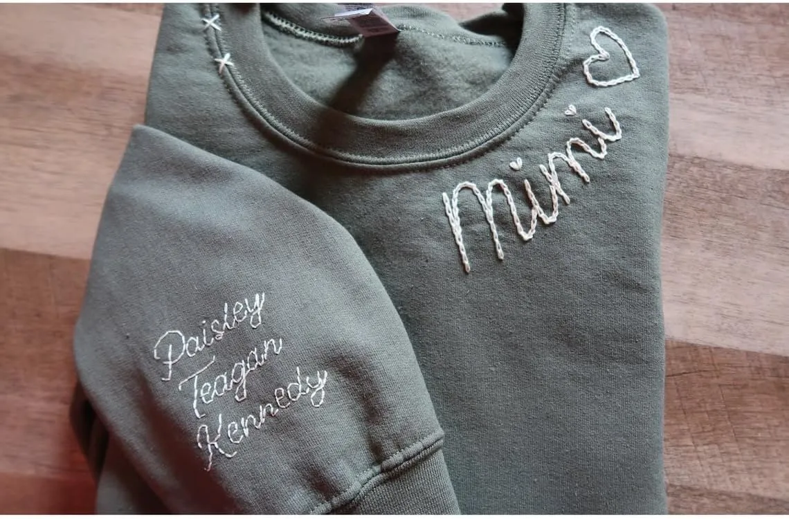 Personalized Mimi Hand Embroidered Sweatshirt, Mom's Embroidered Sweatshirt
