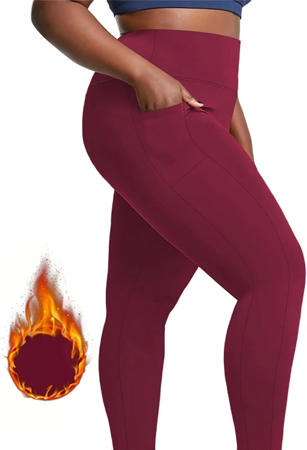 Plus Size Fleece Lined Leggings with Pockets for Women, Winter Thermal High Waist Workout Yoga Pants Tummy Control