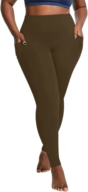 Plus Size Fleece Lined Leggings with Pockets for Women, Winter Thermal High Waist Workout Yoga Pants Tummy Control