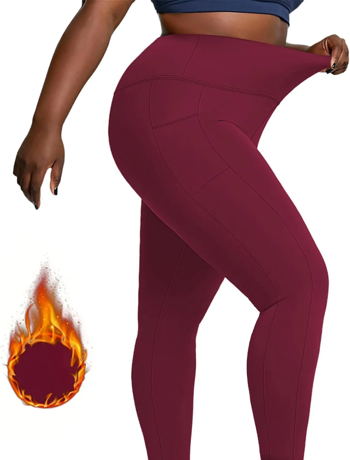 Plus Size Fleece Lined Leggings with Pockets for Women, Winter Thermal High Waist Workout Yoga Pants Tummy Control