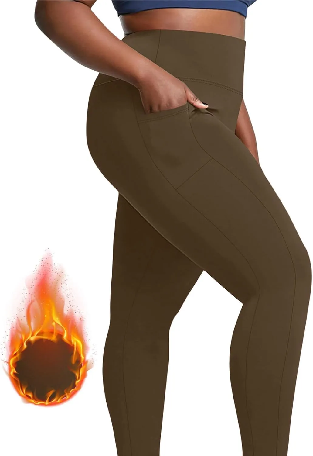 Plus Size Fleece Lined Leggings with Pockets for Women, Winter Thermal High Waist Workout Yoga Pants Tummy Control