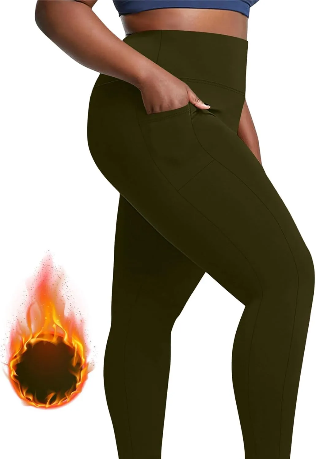 Plus Size Fleece Lined Leggings with Pockets for Women, Winter Thermal High Waist Workout Yoga Pants Tummy Control