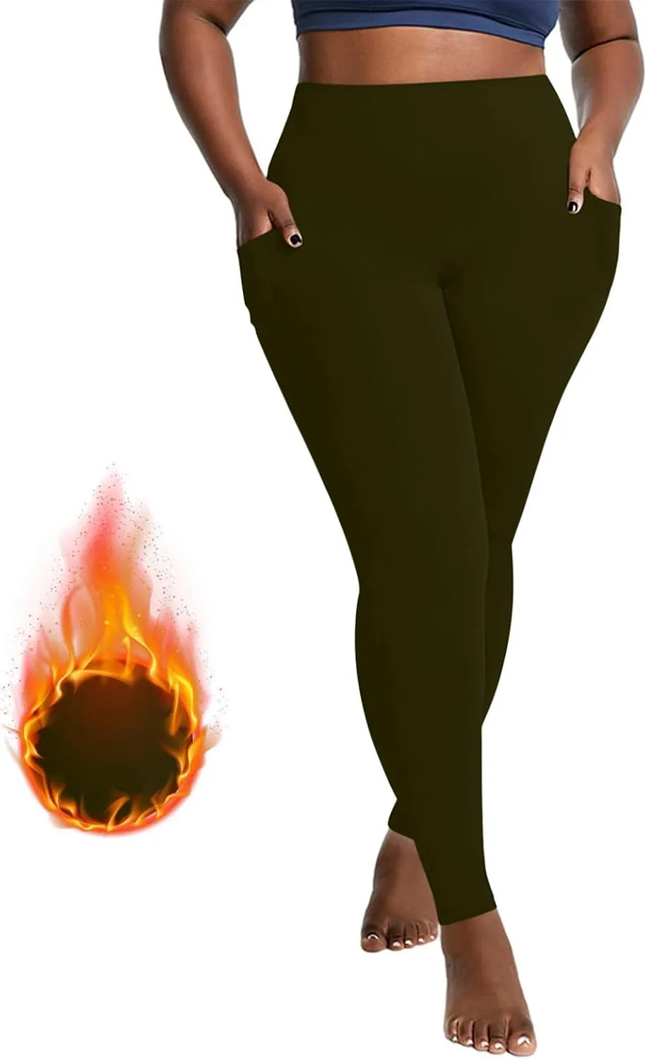 Plus Size Fleece Lined Leggings with Pockets for Women, Winter Thermal High Waist Workout Yoga Pants Tummy Control