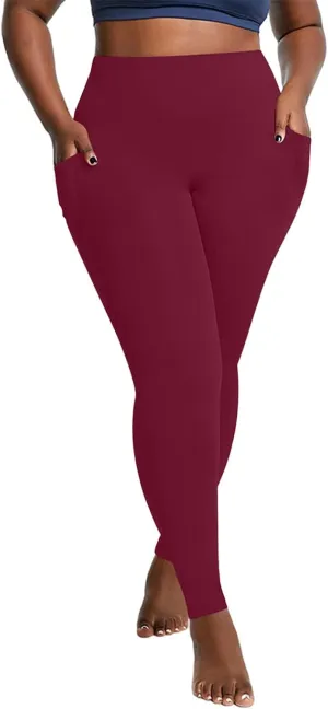 Plus Size Fleece Lined Leggings with Pockets for Women, Winter Thermal High Waist Workout Yoga Pants Tummy Control
