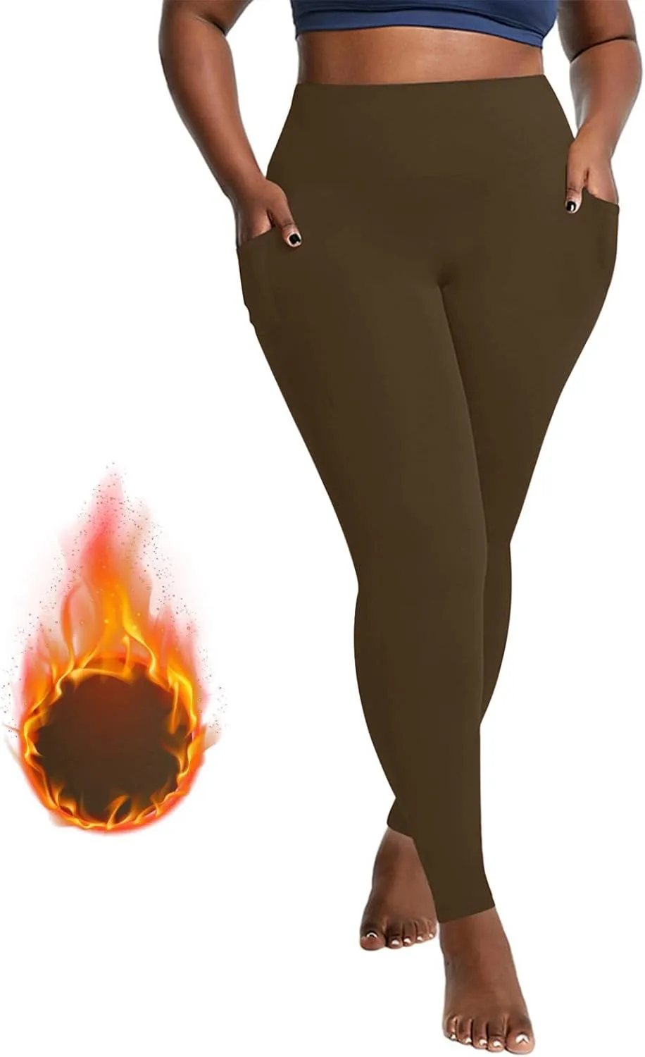 Plus Size Fleece Lined Leggings with Pockets for Women, Winter Thermal High Waist Workout Yoga Pants Tummy Control
