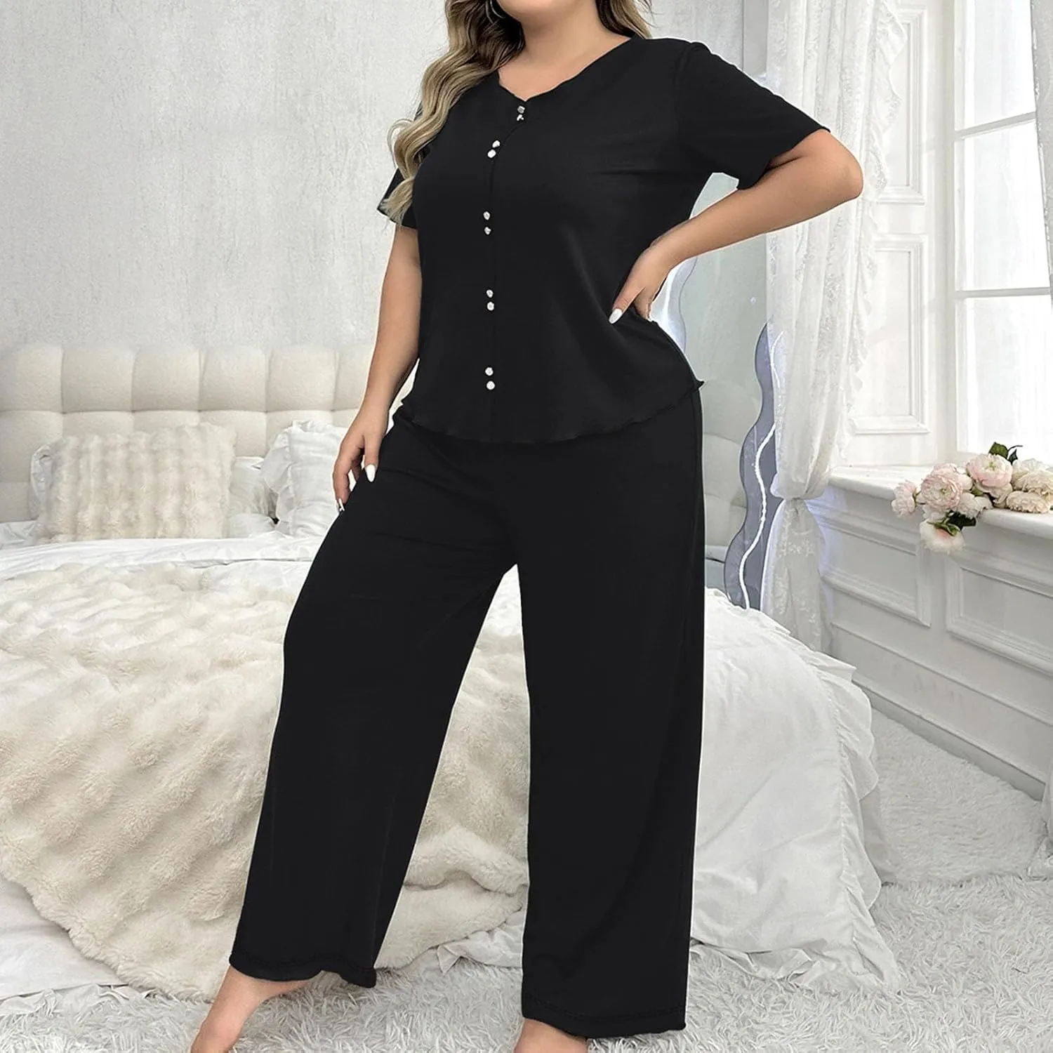 Plus Size Pajama Sets for Women 2 Piece Pants Soft Button Up Short Sleeve Sleepwear Pj Lounge Sets with Long Pants