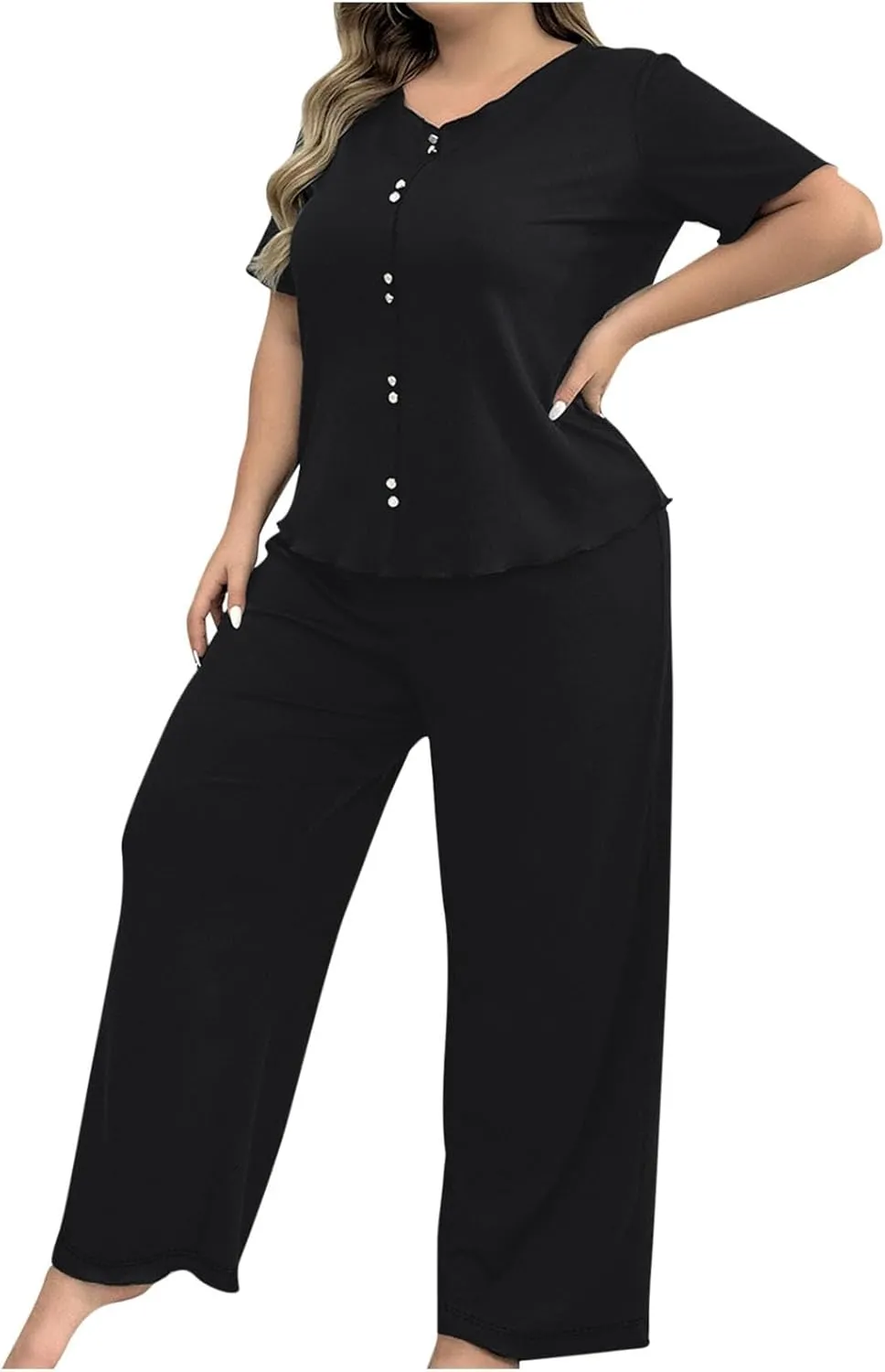 Plus Size Pajama Sets for Women 2 Piece Pants Soft Button Up Short Sleeve Sleepwear Pj Lounge Sets with Long Pants