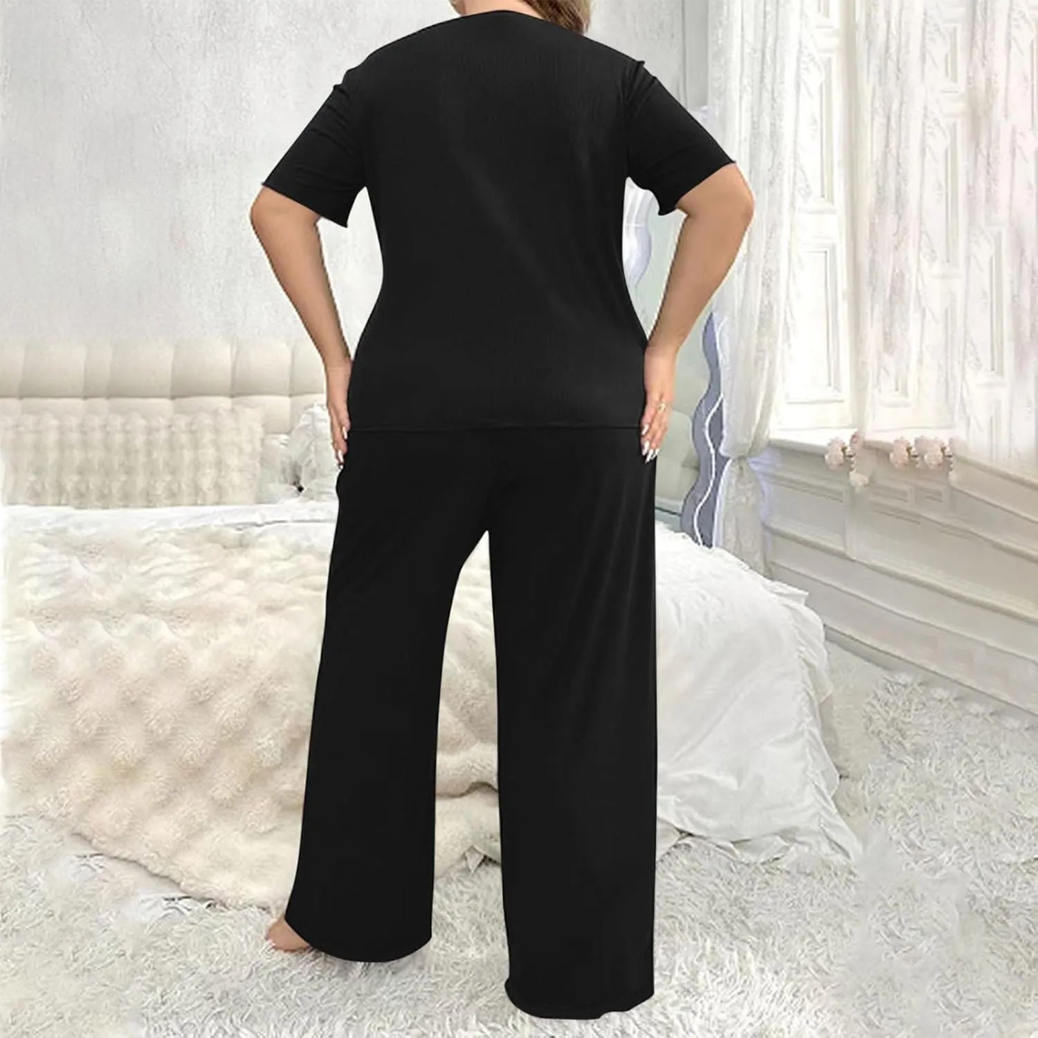 Plus Size Pajama Sets for Women 2 Piece Pants Soft Button Up Short Sleeve Sleepwear Pj Lounge Sets with Long Pants