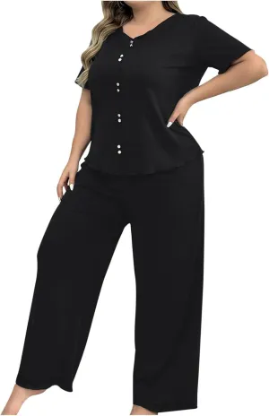 Plus Size Pajama Sets for Women 2 Piece Pants Soft Button Up Short Sleeve Sleepwear Pj Lounge Sets with Long Pants