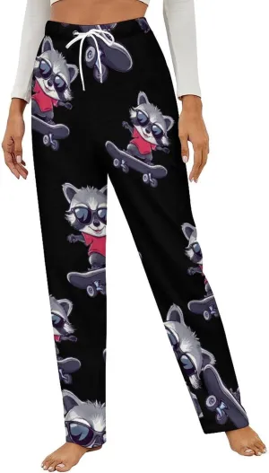 Raccoon Cool Skateboard Women's Pajama Pants Fleece Warm Pj Bottoms Sleepwear Lounge Pants Loungewear
