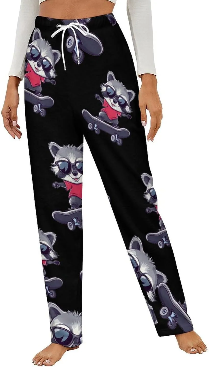 Raccoon Cool Skateboard Women's Pajama Pants Fleece Warm Pj Bottoms Sleepwear Lounge Pants Loungewear
