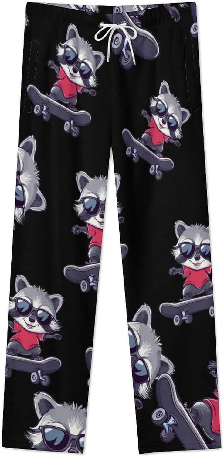 Raccoon Cool Skateboard Women's Pajama Pants Fleece Warm Pj Bottoms Sleepwear Lounge Pants Loungewear