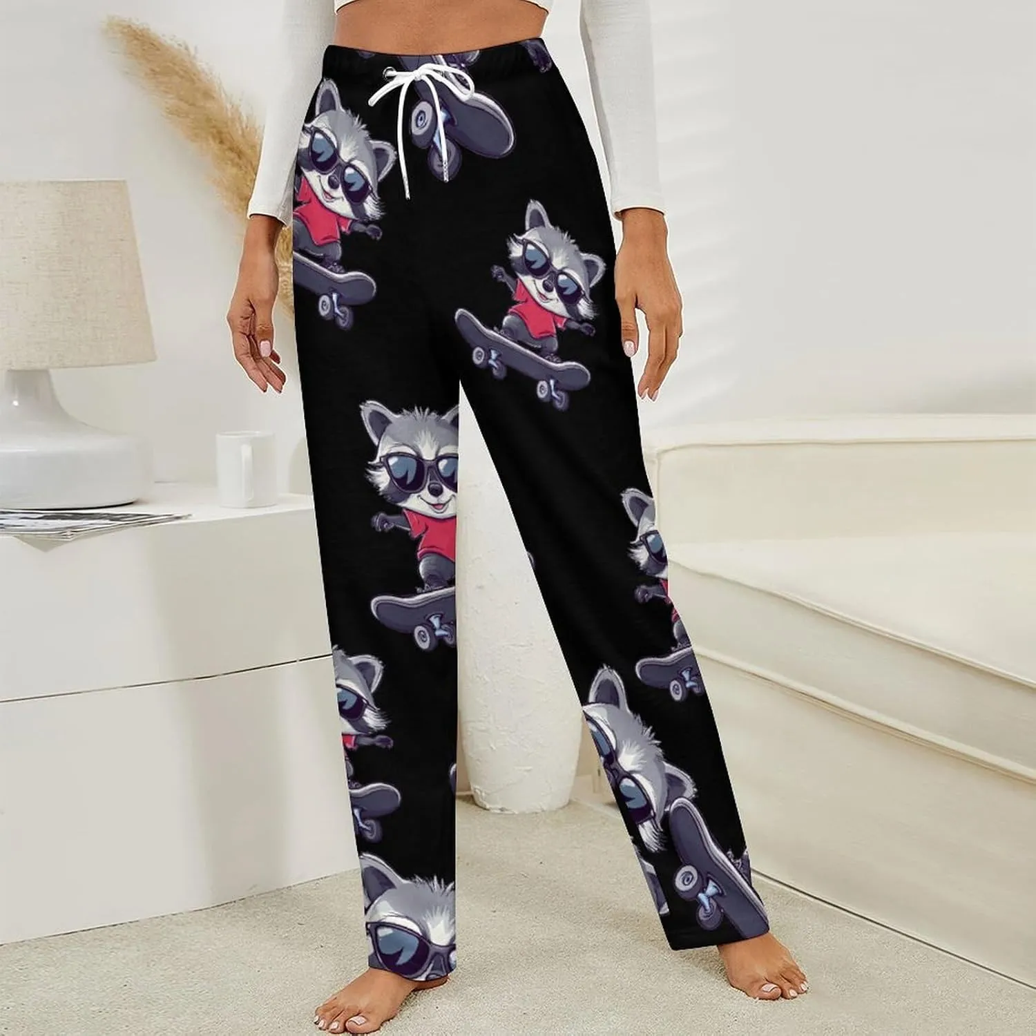 Raccoon Cool Skateboard Women's Pajama Pants Fleece Warm Pj Bottoms Sleepwear Lounge Pants Loungewear