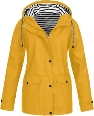 Rain Jacket Women,Lightweight Long Sleeve Raincoat Outdoor Hooded Waterproof Jacket Windbreaker Zip Up Trench