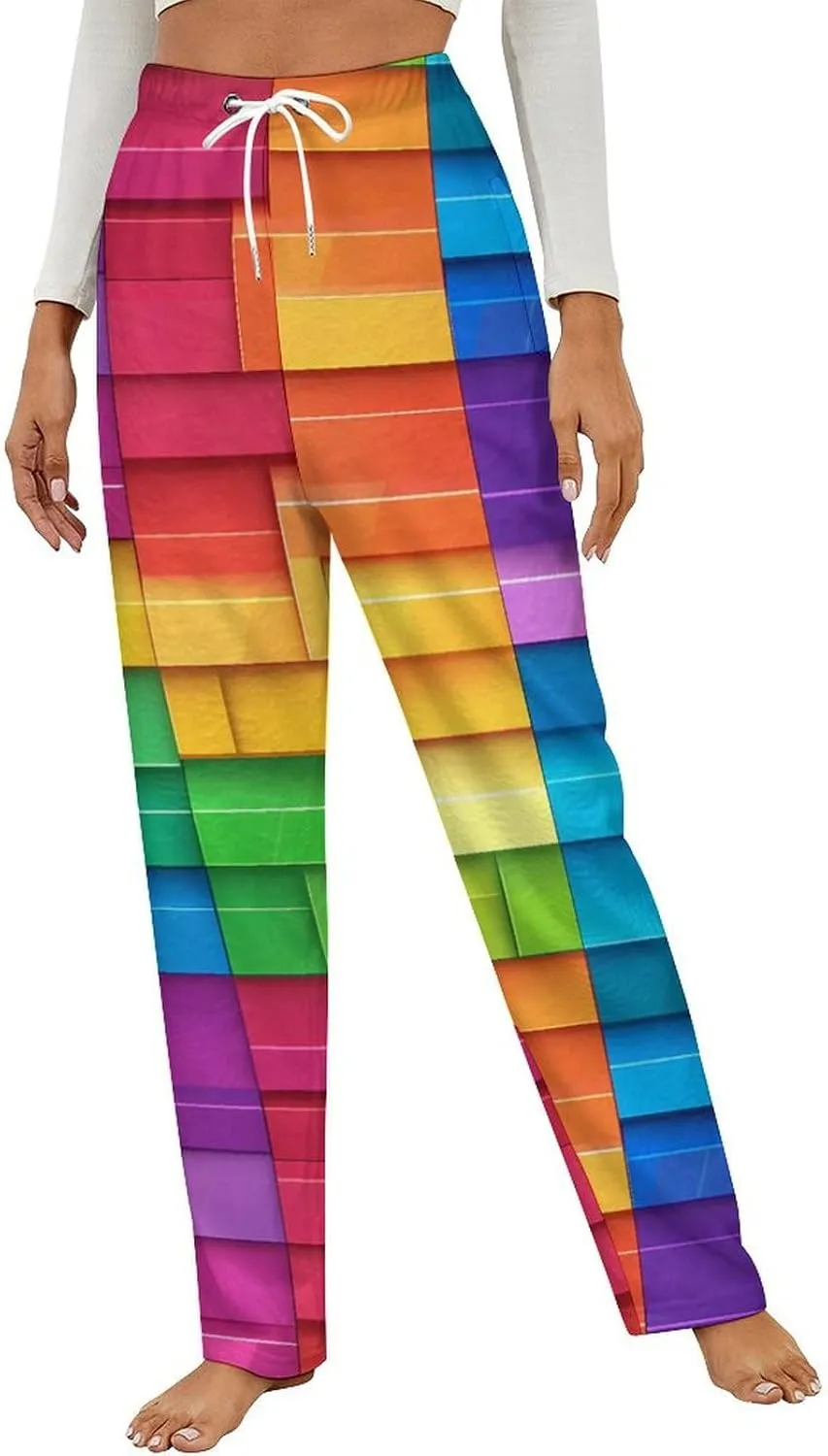 Rainbow Colorful Blocks Print Women's Pajama Pants Fleece Warm Pj Bottoms Sleepwear Lounge Pants Loungewear