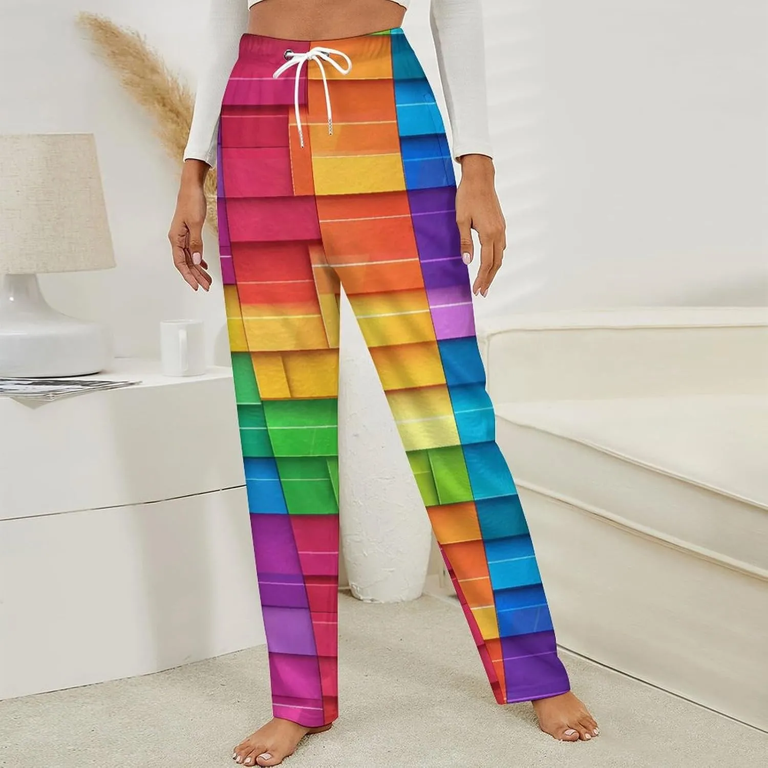 Rainbow Colorful Blocks Print Women's Pajama Pants Fleece Warm Pj Bottoms Sleepwear Lounge Pants Loungewear