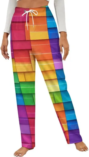 Rainbow Colorful Blocks Print Women's Pajama Pants Fleece Warm Pj Bottoms Sleepwear Lounge Pants Loungewear