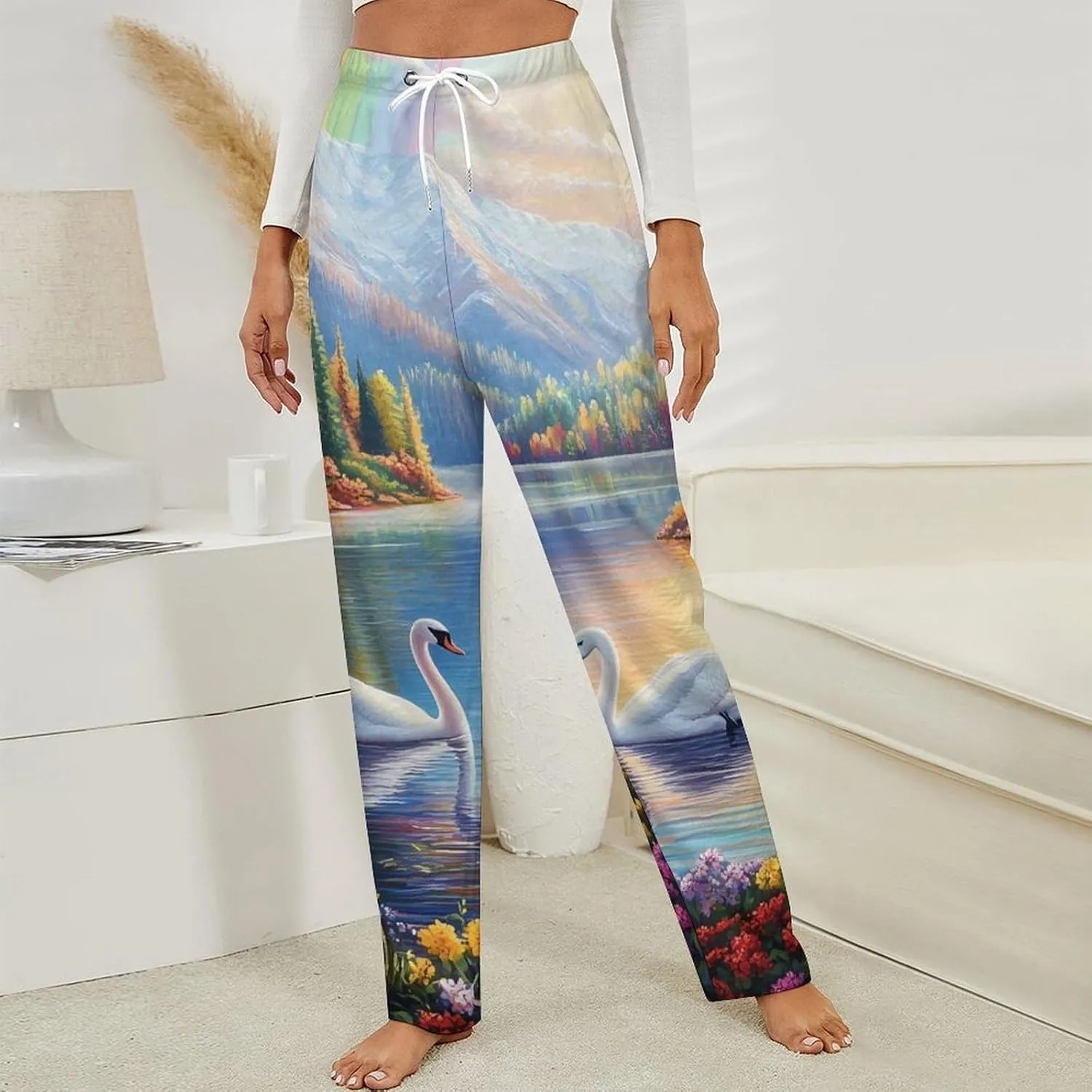 Rainbow Lake Swan Women's Pajama Pants Fleece Warm Pj Bottoms Sleepwear Lounge Pants Loungewear