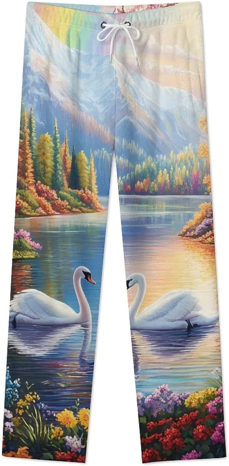 Rainbow Lake Swan Women's Pajama Pants Fleece Warm Pj Bottoms Sleepwear Lounge Pants Loungewear